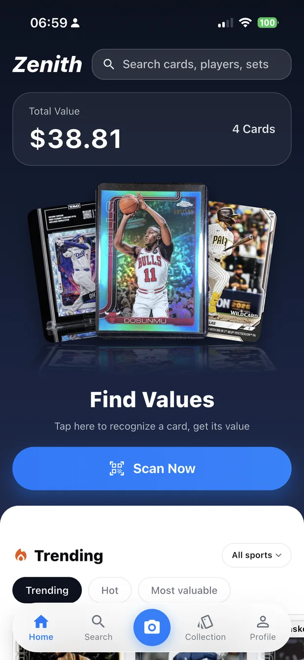 Zenith home screen with portfolio value