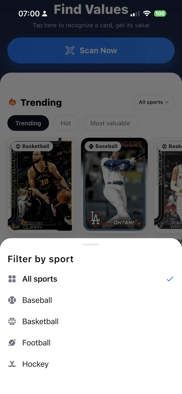 Zenith filter sheet for choosing a sport